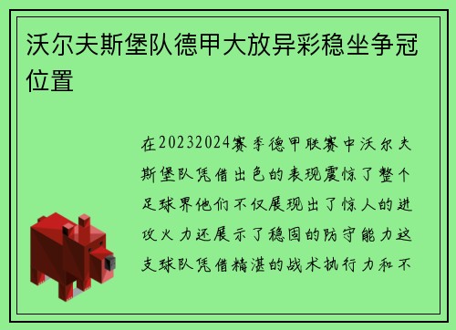 沃尔夫斯堡队德甲大放异彩稳坐争冠位置